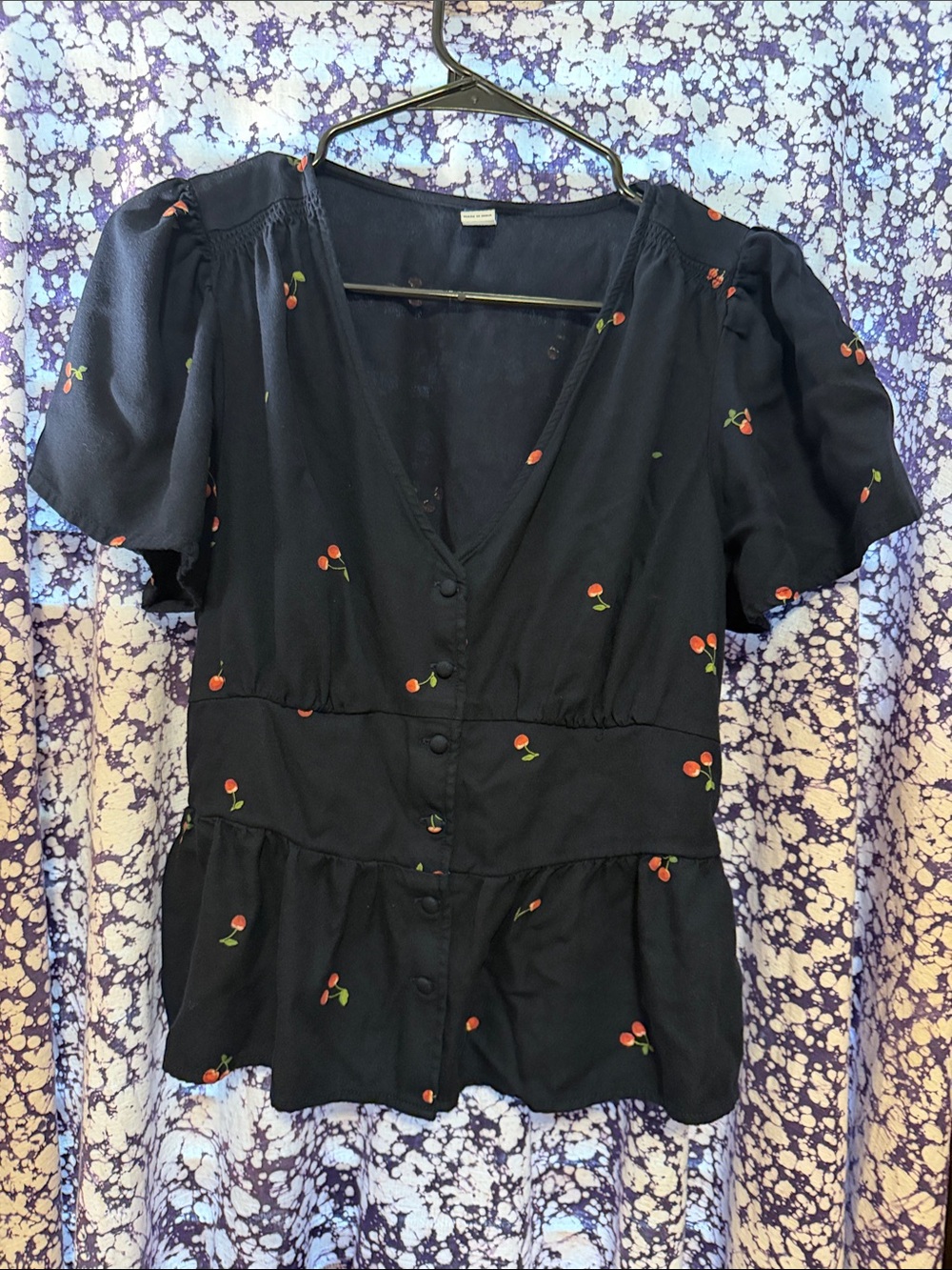 Old Navy Navy Button-Front Cherry Print Peplum Blouse
